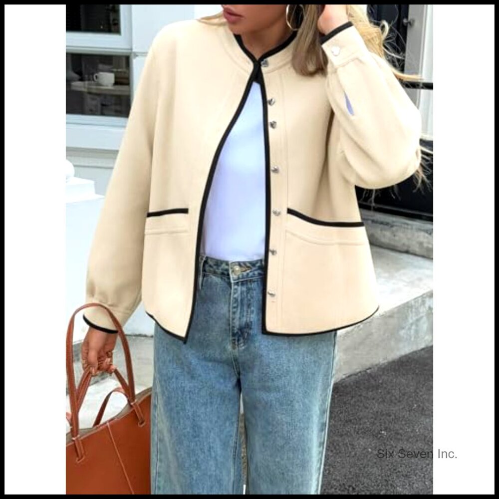 Button Down Bomber Jacket Puff Sleeve Cropped Pea… - image 3